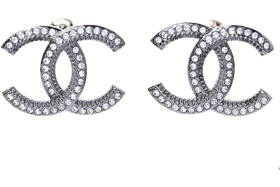Chanel Ruthenium Crystal CC Earrings Silver
