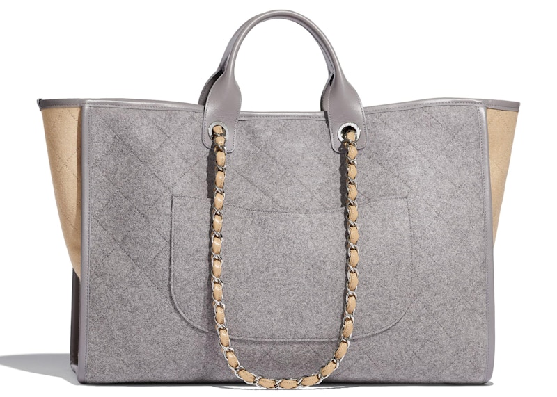 Chanel Shopping Bag Felt Calfskin Silver tone Large Gray Beige in