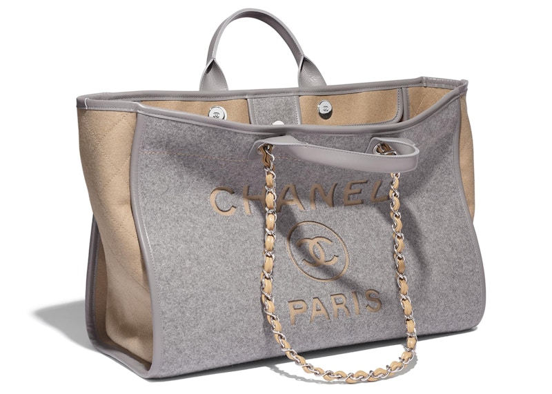 Chanel Shopping Bag Felt Calfskin Silver tone Large Gray Beige in