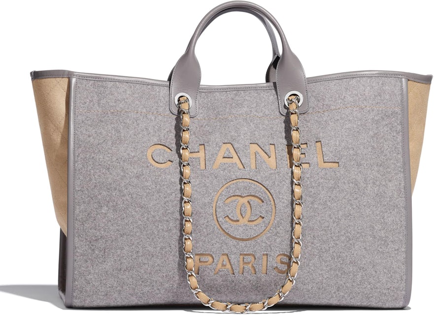 Chanel Shopping Bag Felt/Calfskin Silver-tone Large Gray/Beige in