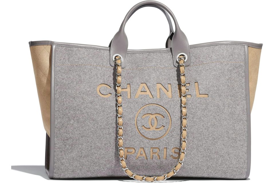 Chanel Shopping Bag Felt/Calfskin Silver-tone Large Gray/Beige in
