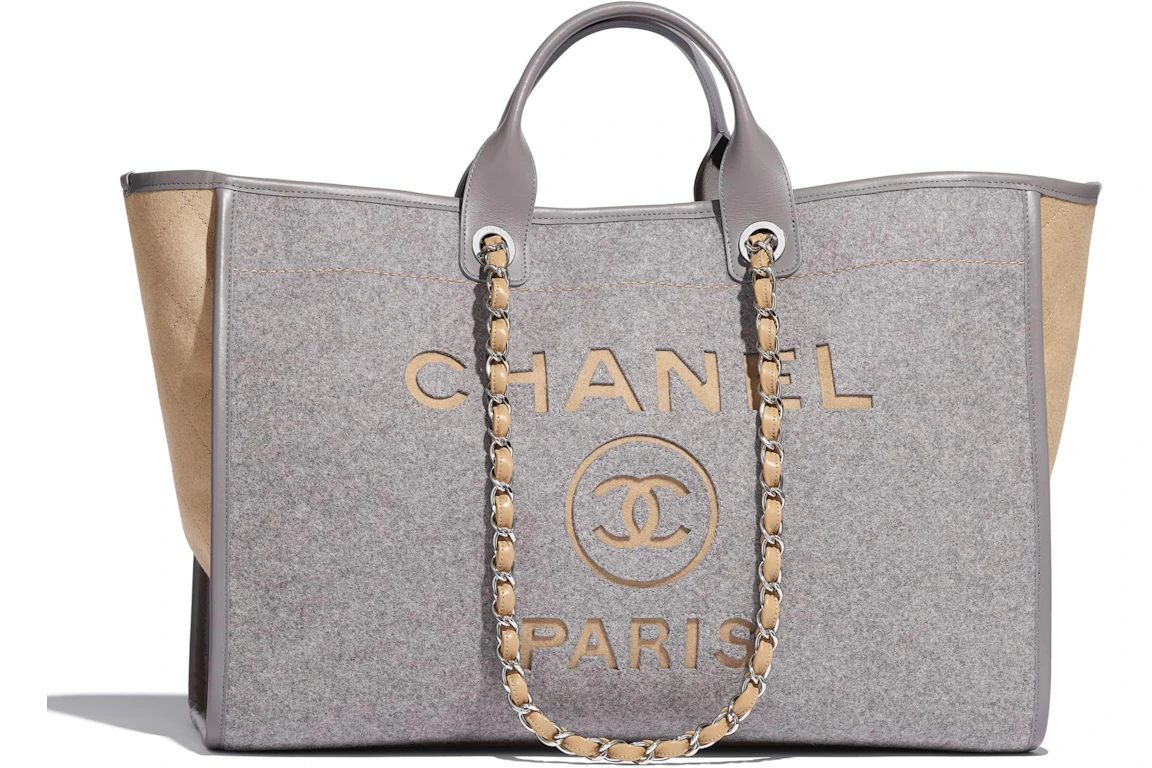 Chanel Shopping Bag Felt/Calfskin Silver-tone Large Gray/Beige