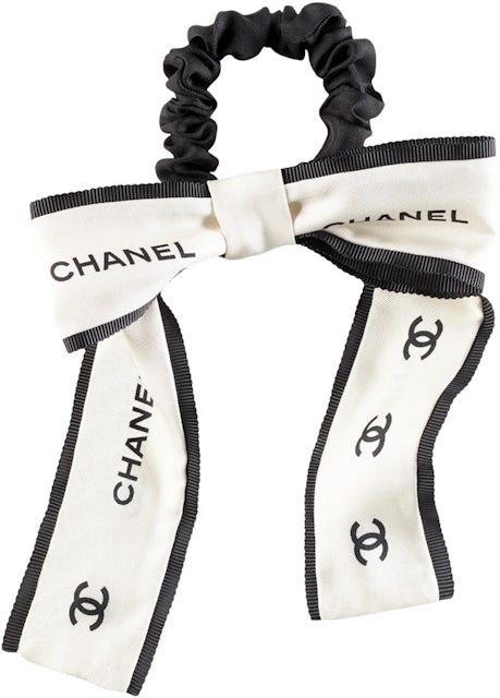 Chanel Silk Hair Tie Scarf with Scrunchie, Black and White, New in