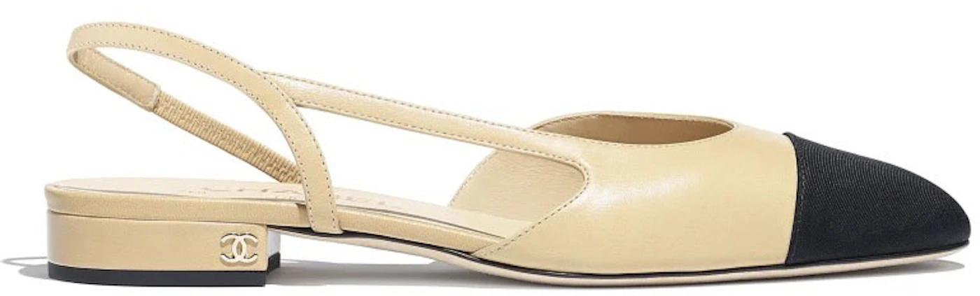Chanel Beige/Black Leather and Fabric Cap Toe Slingback Flats Sandals Size  38