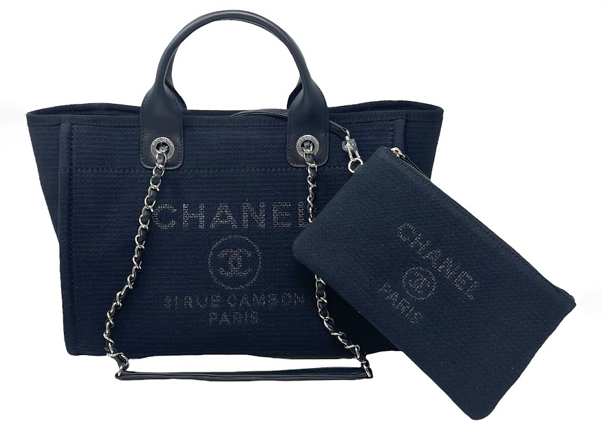 Chanel Small Deauville Shopping Bag Black in Canvas with Silver 