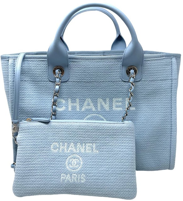 Chanel Small Deauville Shopping Bag Blue in Canvas with Silver
