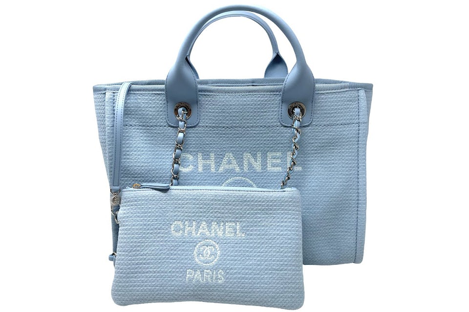 Chanel Small Deauville Shopping Bag Blue in Canvas with Silver