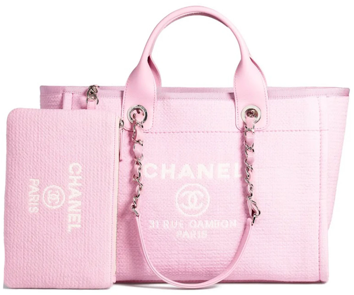 Chanel Small Pink Stripe Canvas Deauville Tote Bag with Logo Print and –  Sellier