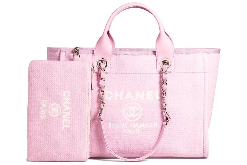 Chanel Small Deauville Shopping Bag Pink in Canvas with Silver