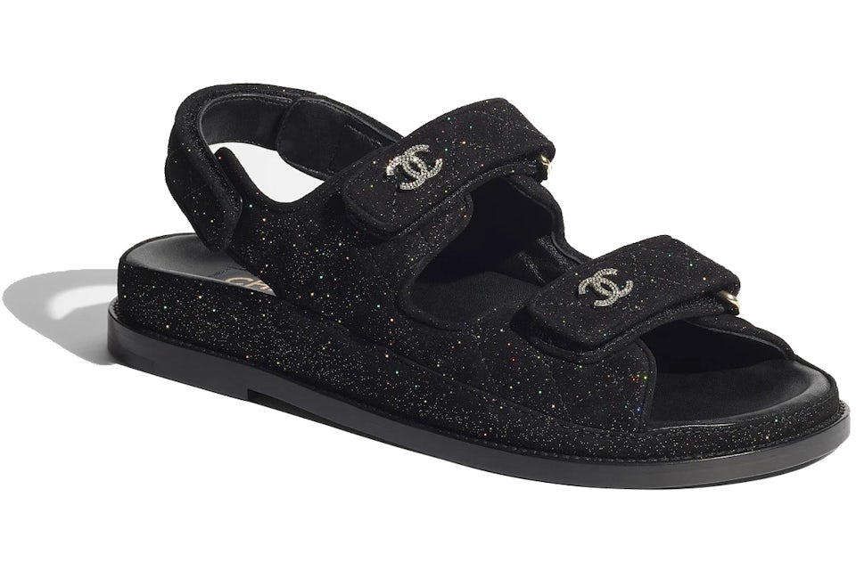 Chanel Suede Kidskin Crystal CC 'Dad' Sandals (Black/Silver)