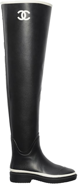 Chanel Black Leather 2016 Lace-Up Cutout CC Knee High Boots Size