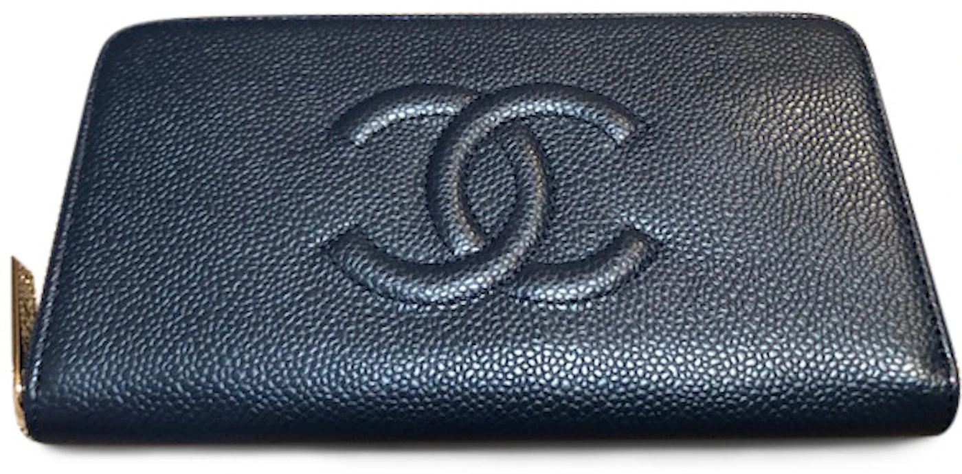 Chanel Timeless Zip Long Wallet Caviar Silver-tone Navy in Caviar