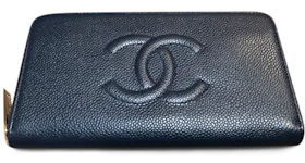 Chanel Timeless Zip Long Wallet Caviar Silver-tone Navy