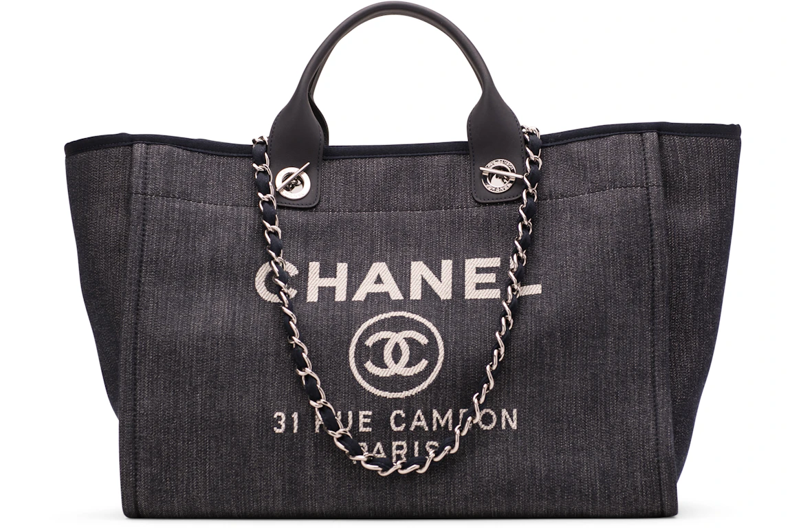 Chanel Deauville Tote Denim Silver-tone Large Dark Blue