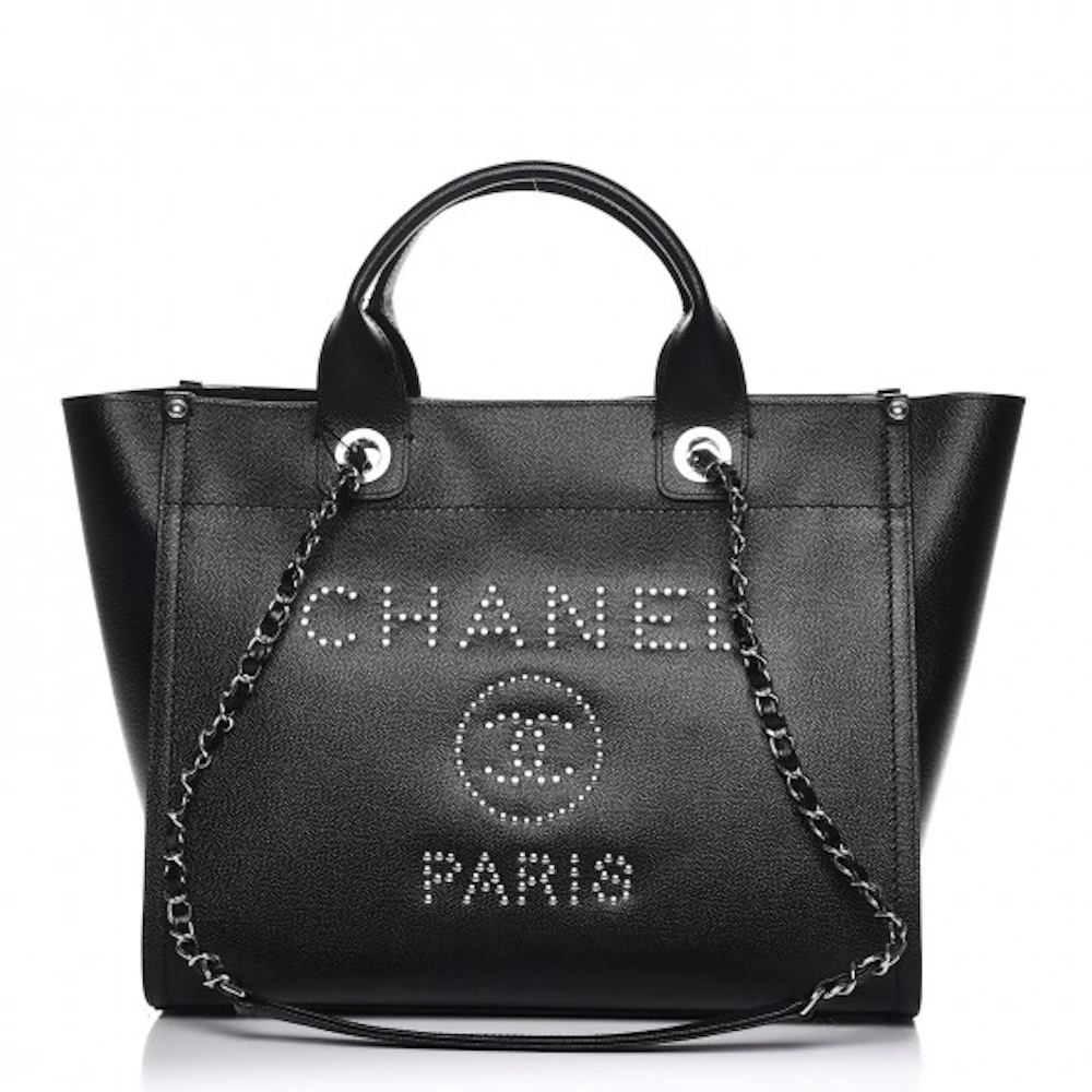 Chanel Deauville Tote Studded Small Black in Caviar with Silver