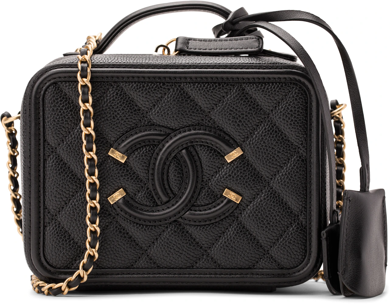 Chanel Quilted Small CC Filigree Vanity Case Beige Black Caviar