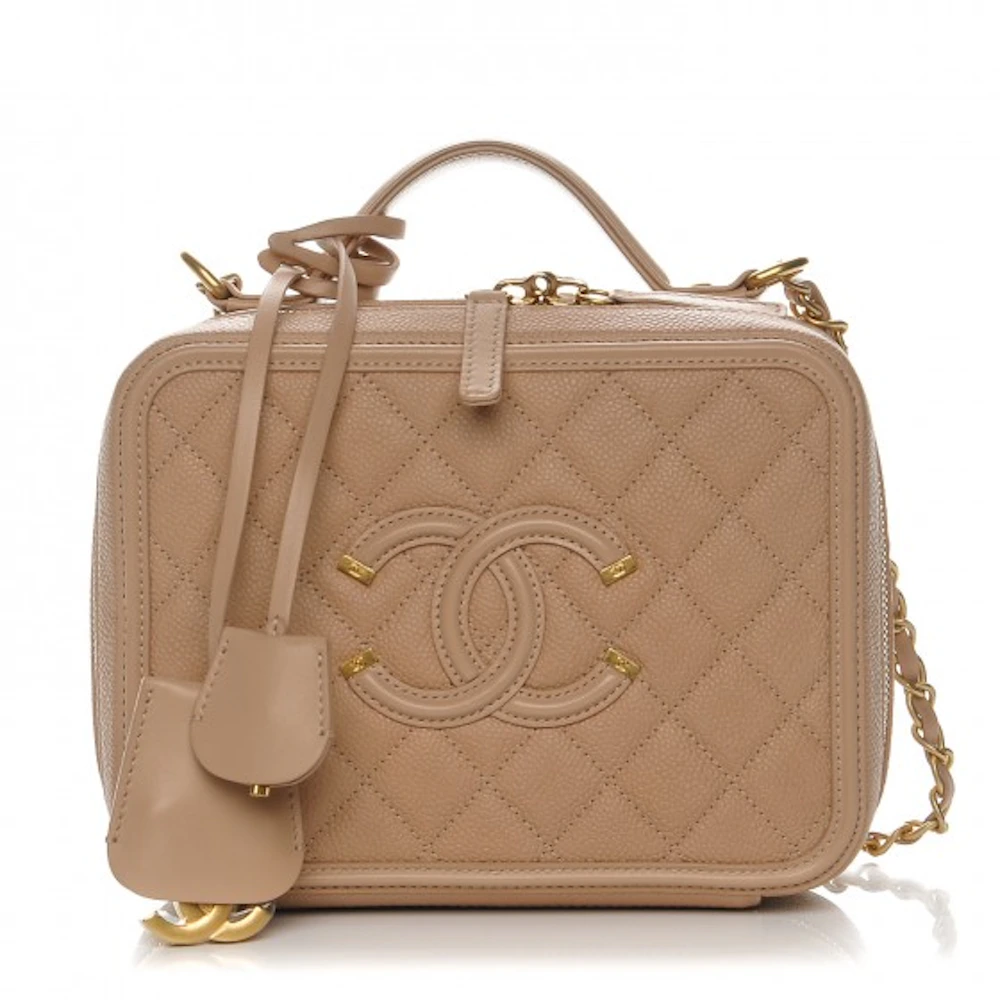 Chanel Small Filigree Vanity Case Beige Black Quilted Caviar