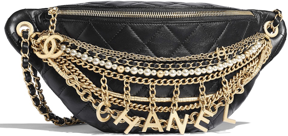 Rare Chanel Vintage Black Lambskin Quilted Fanny Pack Waist Belt