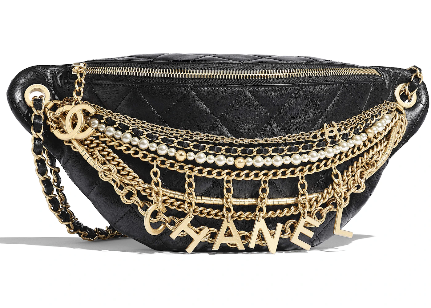 Chanel Waist Bag Lambskin Quilted Gold/Silver-tone Black in