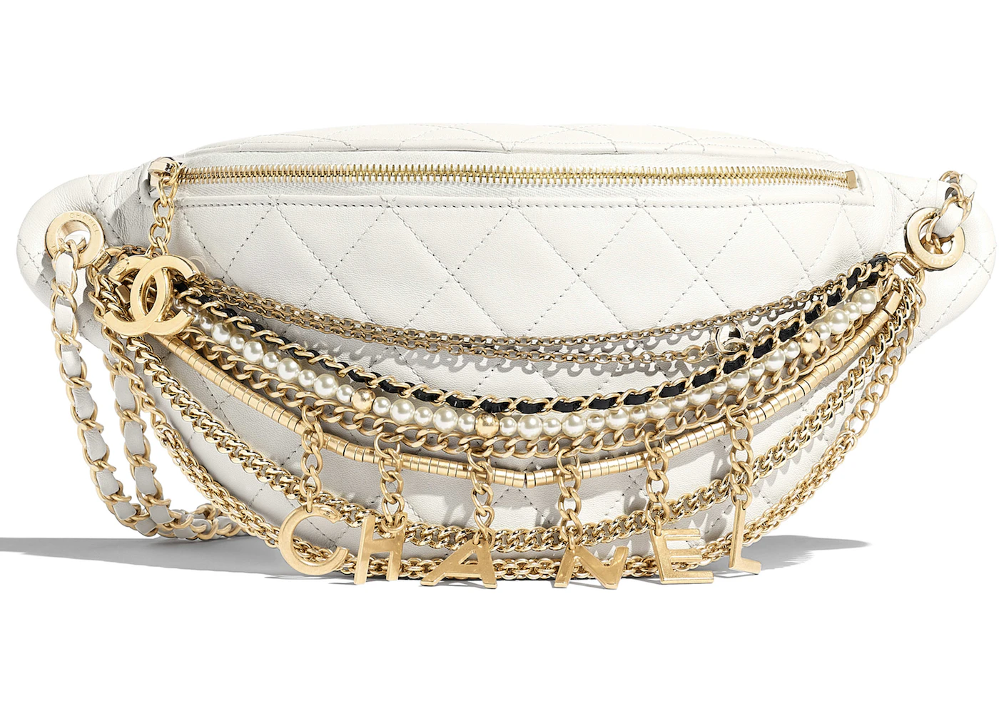 Chanel Waist Bag Lambskin Quilted Gold/Silver-tone White in