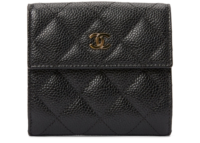 Chanel Compact French Wallet Quilted Caviar Gold tone Black in