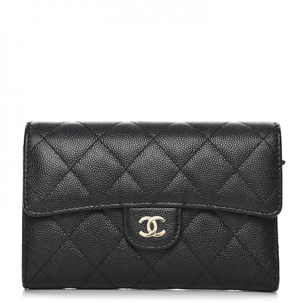 Chanel Flap Wallet Quilted Diamond Small Caviar Black in Caviar with Light  Gold-Tone - US