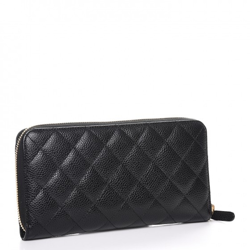 Chanel Gusset Zip Around Wallet Quilted Caviar Gold tone Large