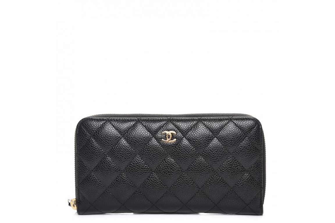 Pre-owned Chanel Gusset Zip Around Wallet Quilted Caviar Gold-tone Large Black