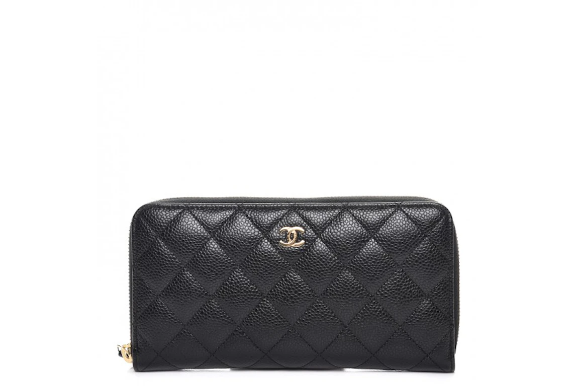 Chanel Gusset Zip Around Wallet Quilted Caviar Gold-tone Large Black