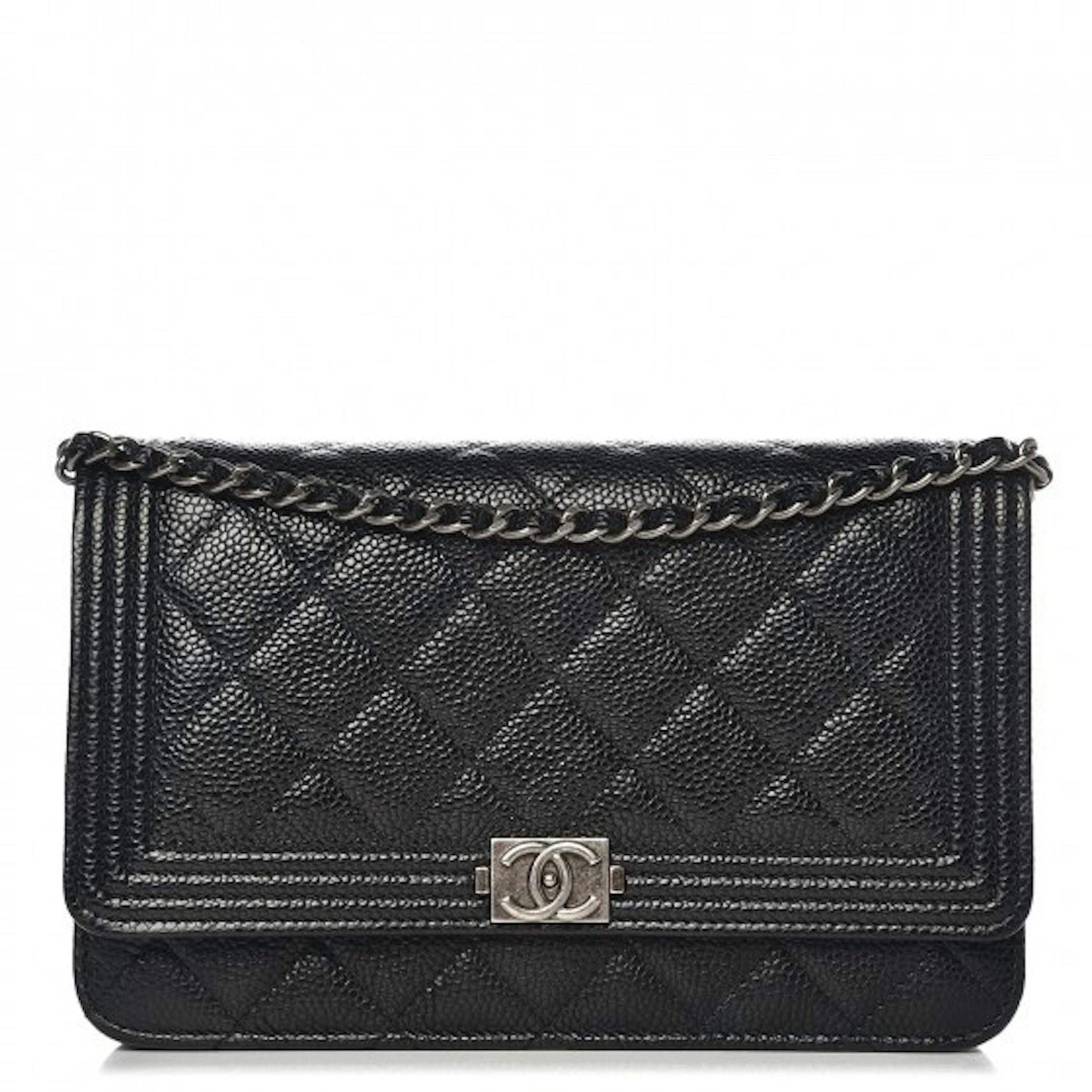 Chanel Boy Wallet On Chain Quilted Diamond Black in Caviar Leather