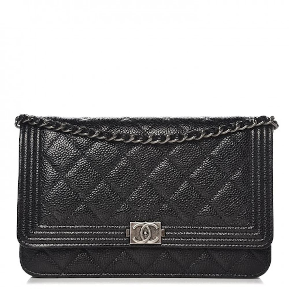 Chanel Boy Wallet On Chain Quilted Diamond Black in Caviar Leather with ...
