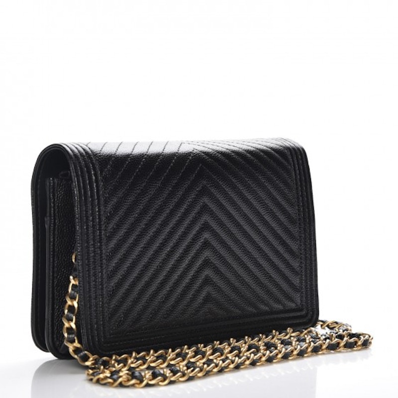 Chanel Boy Wallet On Chain Chevron Caviar Goldtone Black in Caviar