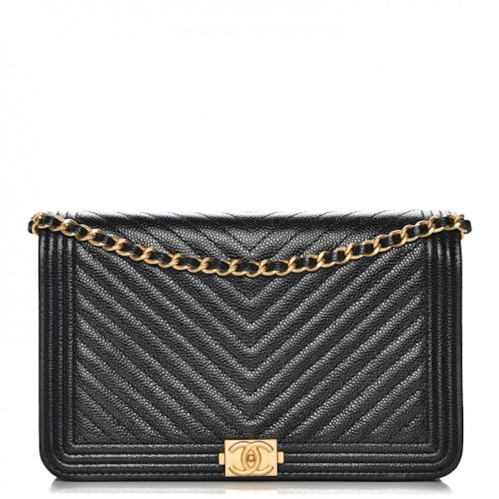 Chanel Boy Wallet On Chain Chevron Caviar Gold-tone Black in