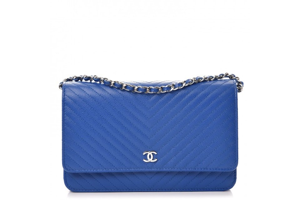 Chanel Wallet On Chain Chevron Caviar Silver-tone Bright Blue in