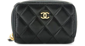 Chanel Zip Around Coin Purse Wallet Quilted Lambskin Gold-tone Black