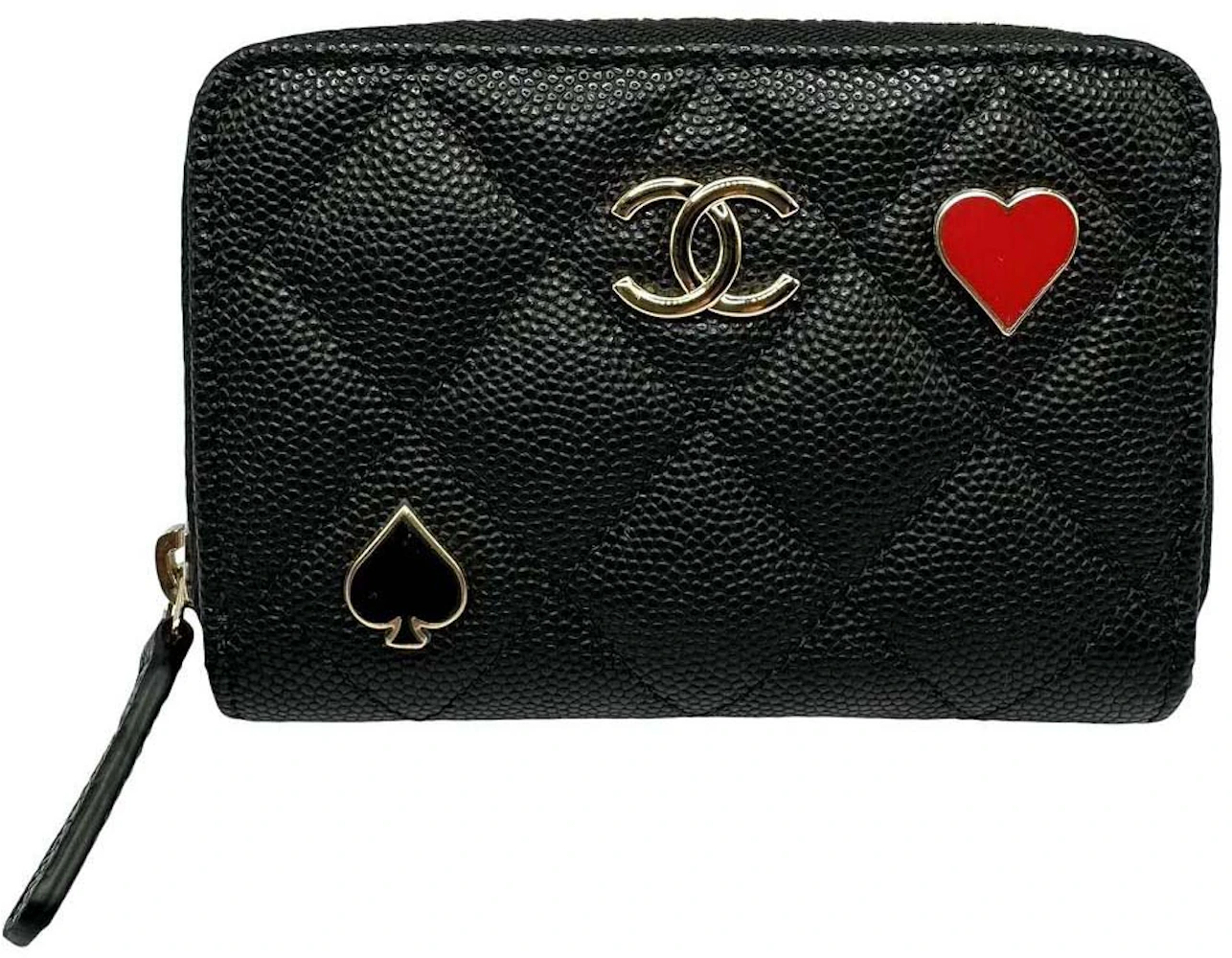 Chanel Coco Heart Spade Coin Case Wallet Leather Black AP3082 Free