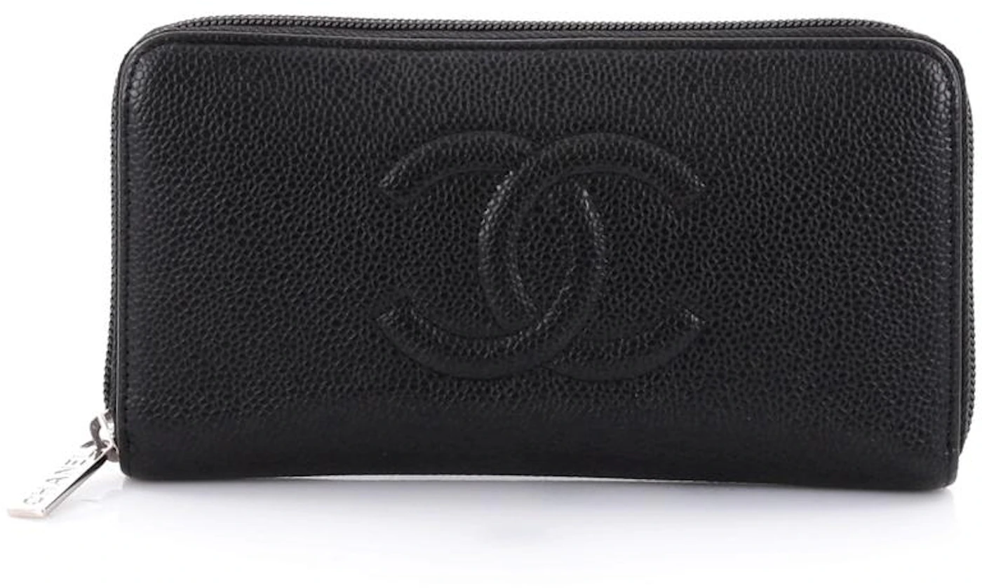 Chanel Zip Around Wallet Quilted Diamond Long Black in Caviar with
