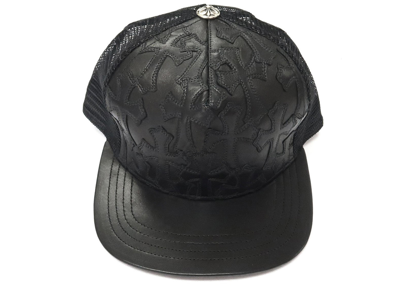 Chrome Hearts Cemetary Cross Leather Stitched Trucker Hat Black