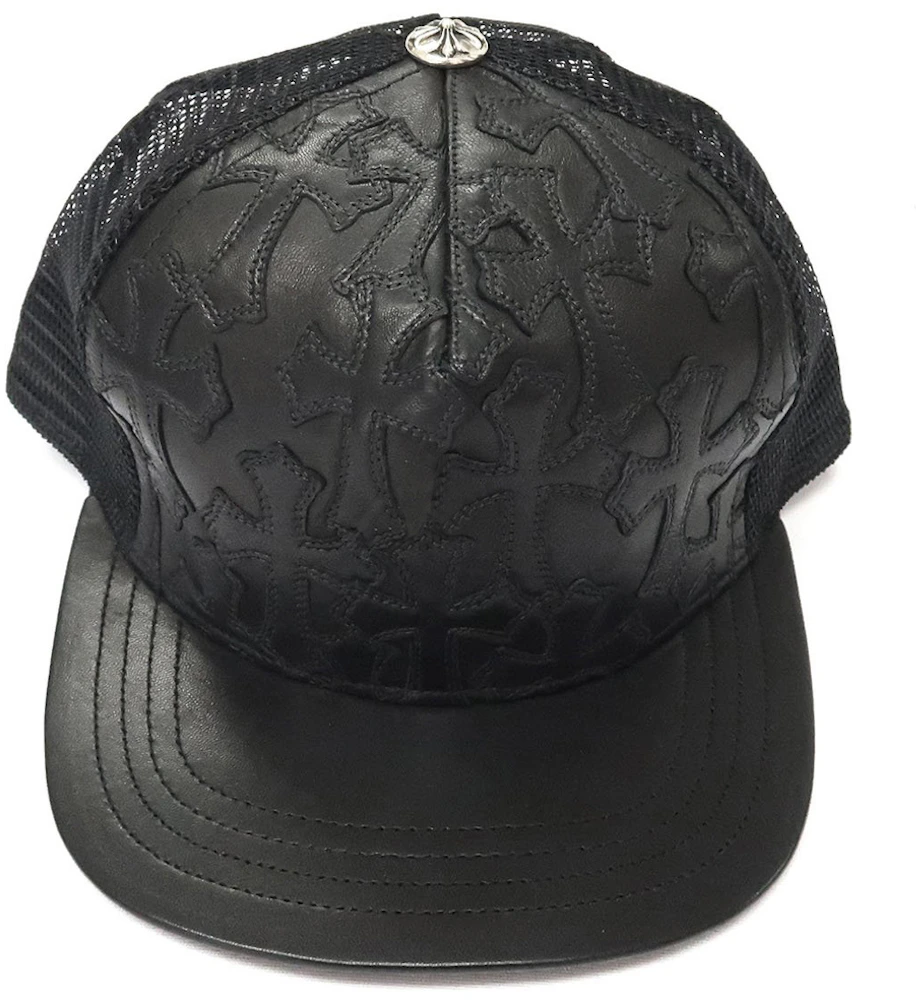 Stitched Chrome US - Black Leather Hat Cemetary Trucker Cross Hearts
