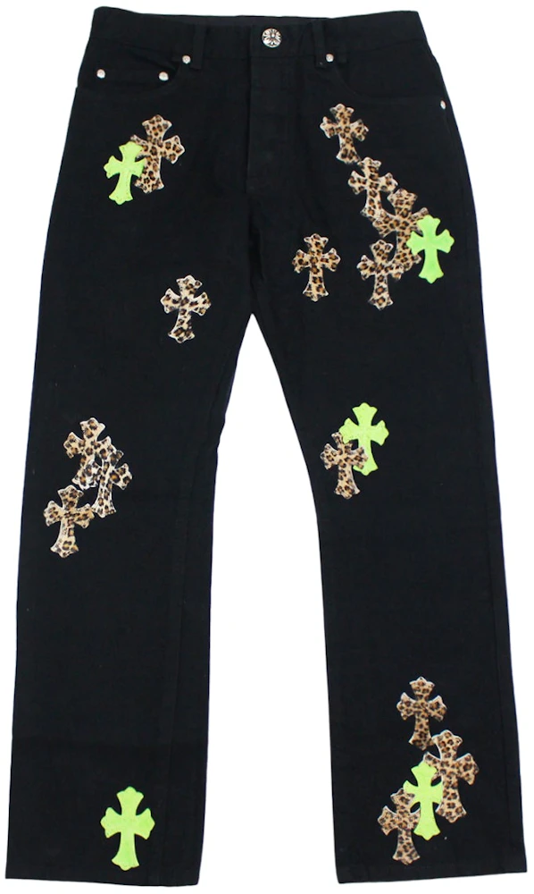 Chrome Hearts Green & Leopard Cross Patch Jeans Black