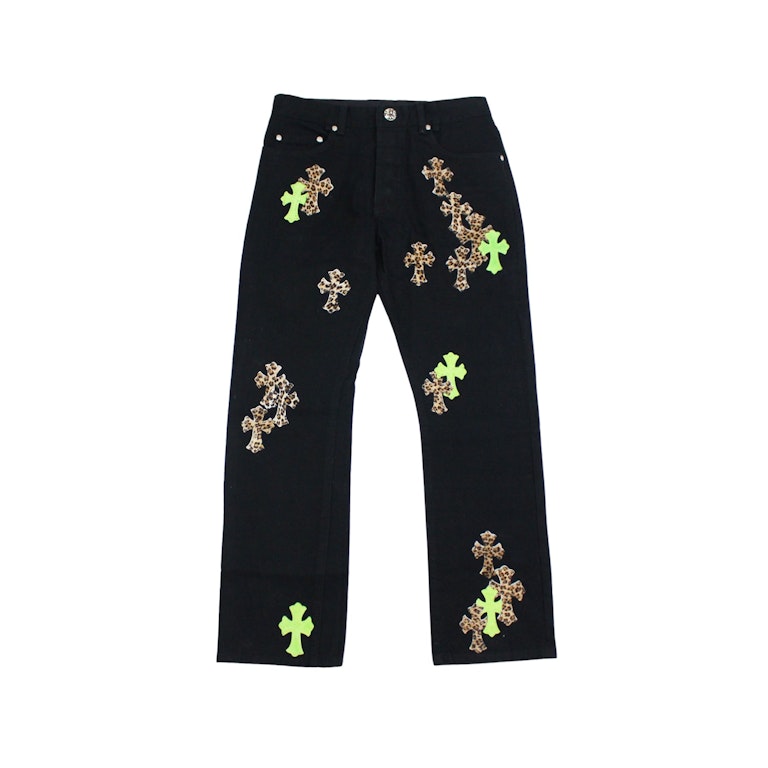 Pre-owned Chrome Hearts Green & Leopard Cross Patch Jeans Black