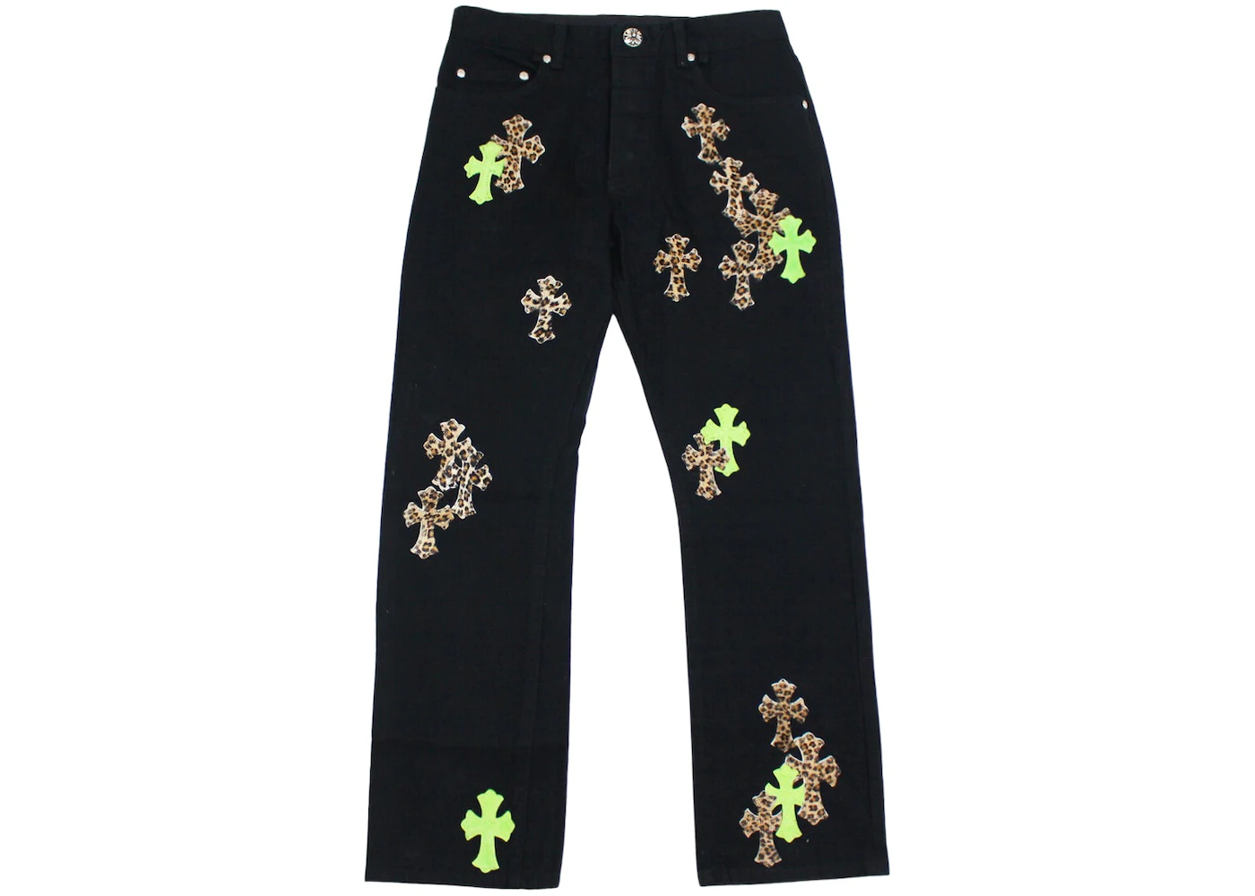 Chrome Hearts Green & Leopard Cross Patch Jeans Black Men's - US