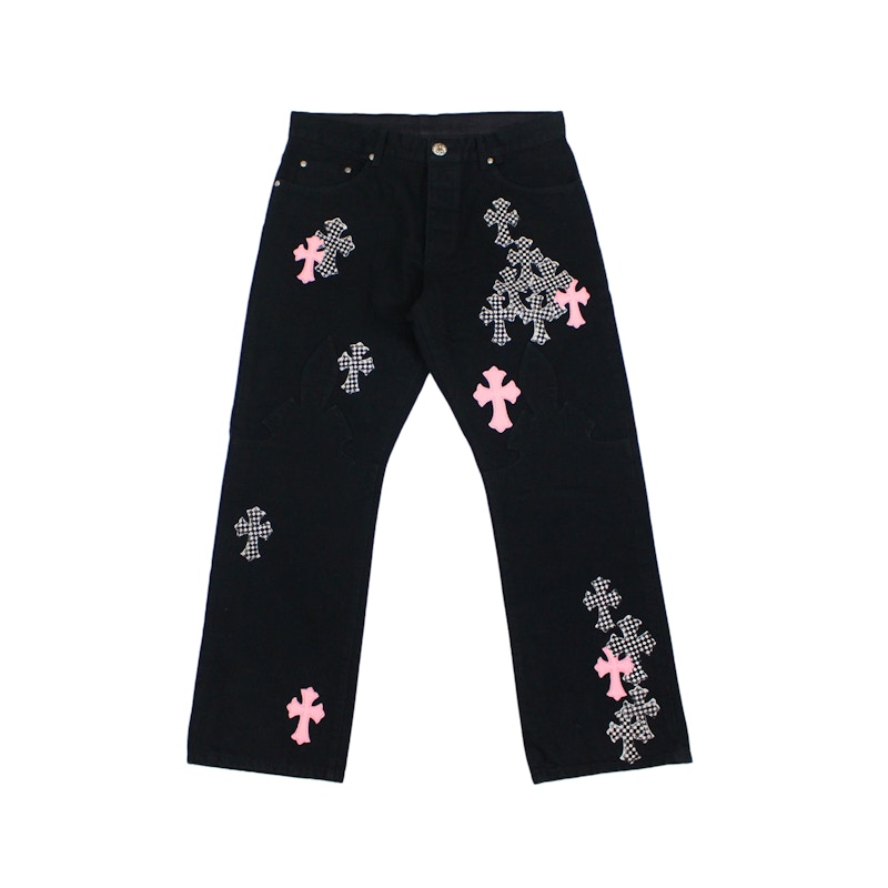 Chrome Hearts Pink & Checkered Cross Patch Fleurknee Jeans Black 