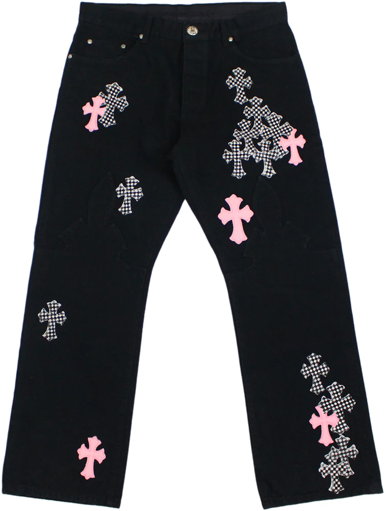 Chrome Hearts Pink & Checkered Cross Patch Fleurknee Jeans Black Men's - US