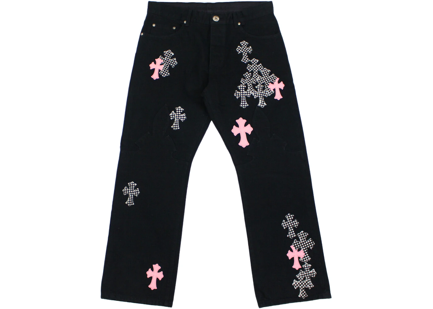 Chrome Hearts Pink & Checkered Cross Patch Fleurknee Jeans Black