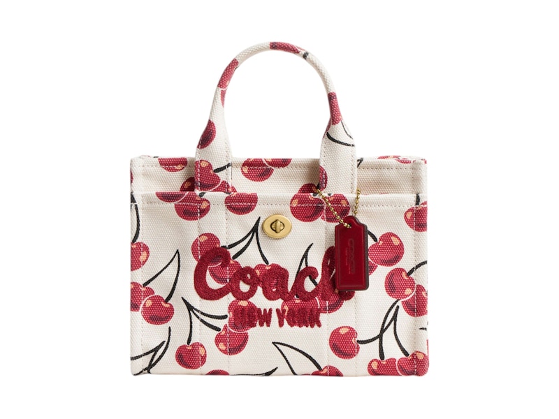 Pre-owned Coach Women's  Cargo Tote Bag 20 Cherry Print In Canvas/brass/chalk