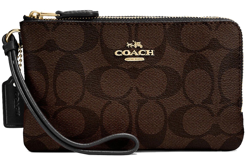 Coach Double Corner Zip Wristlet Large Signature Canvas Brown/Black in  Coated Canvas with Gold-tone - US