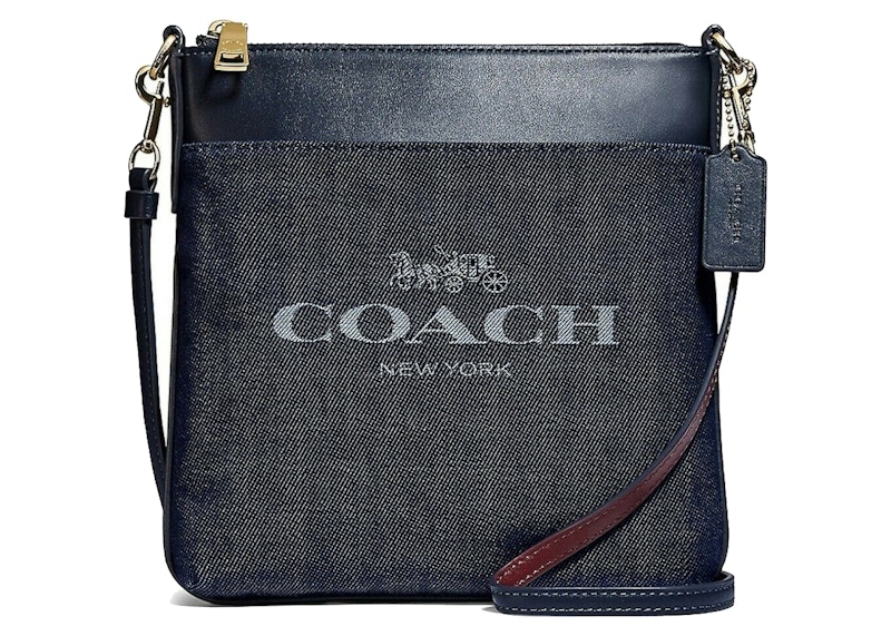 Coach Kitt Messenger Bag Jacquard Denim Blue Knit in Leather with