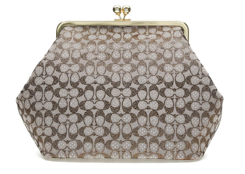 Coach Large Kisslock Crystal Signature Jacquard Frame Bag Brass
