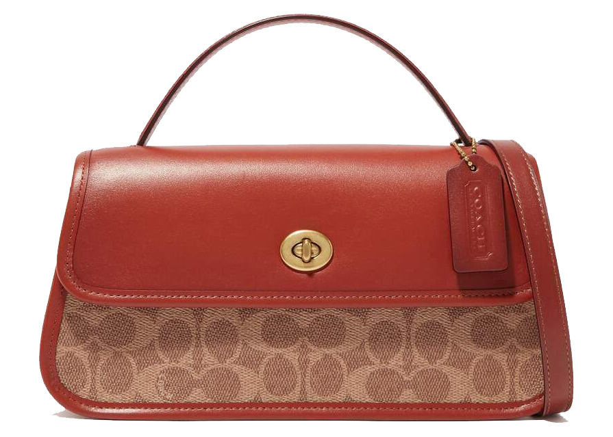 Coach Turnlock Clutch Bag Red Beige in Canvas Leather with Gold